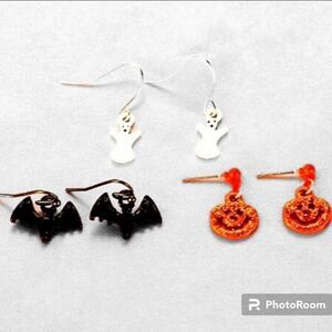 3 Pairs, Halloween Earrings Pumpkin, Ghost, Bats - Party Costume Earring - 0.5"